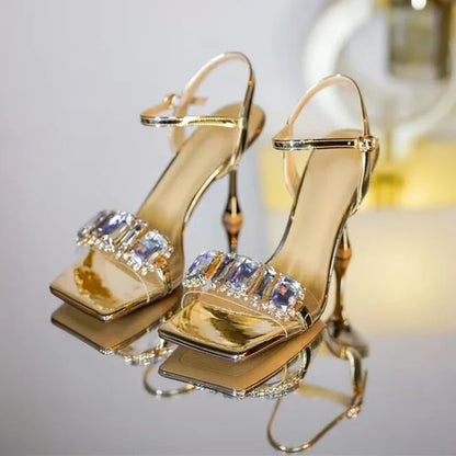 Gold Silver High Heels Sandals Women 2025 Summer Square Toe Shiny Crystal Sandals Woman Ankle Straps Thin Heel Party Pumps Shoes