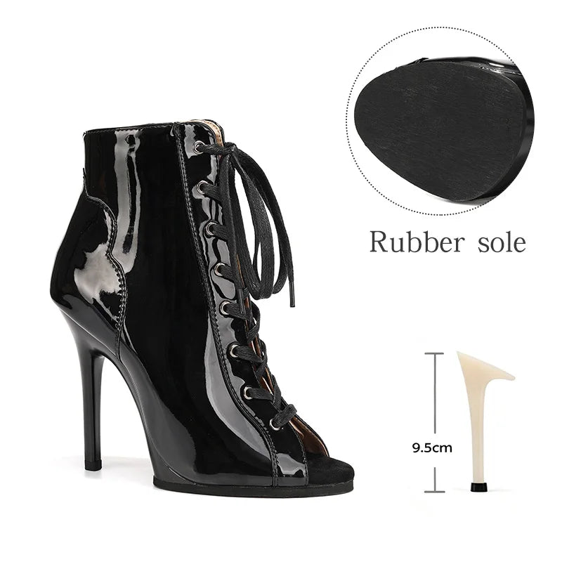 Women Sexy Thin High Heel Dance Shoes Party Ballroom Pole Jazz Lace Up Platform Dancing Boots Short Tube Heels 8.5/9.5CM Booties