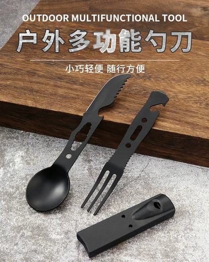 Portable Multifunctional Stainless Steel Camping Tool Set,Outdoor Tableware Kit With Spoon Fork AndWhistleForHiking PicnicTravel
