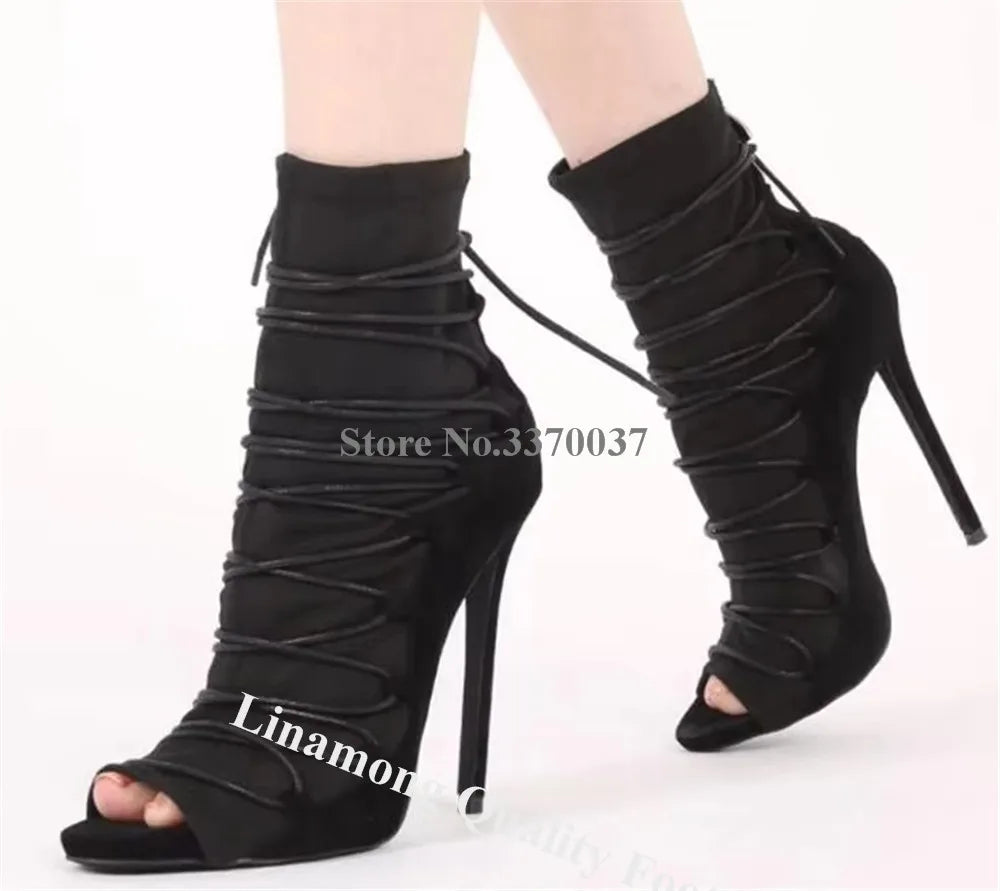 High Quality Women Fashion Open Toe Suede Leather Lace-up Gladiator Boots Super High Heel Ankle Boots Free Shipping