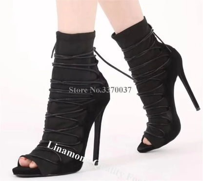 High Quality Women Fashion Open Toe Suede Leather Lace-up Gladiator Boots Super High Heel Ankle Boots Free Shipping