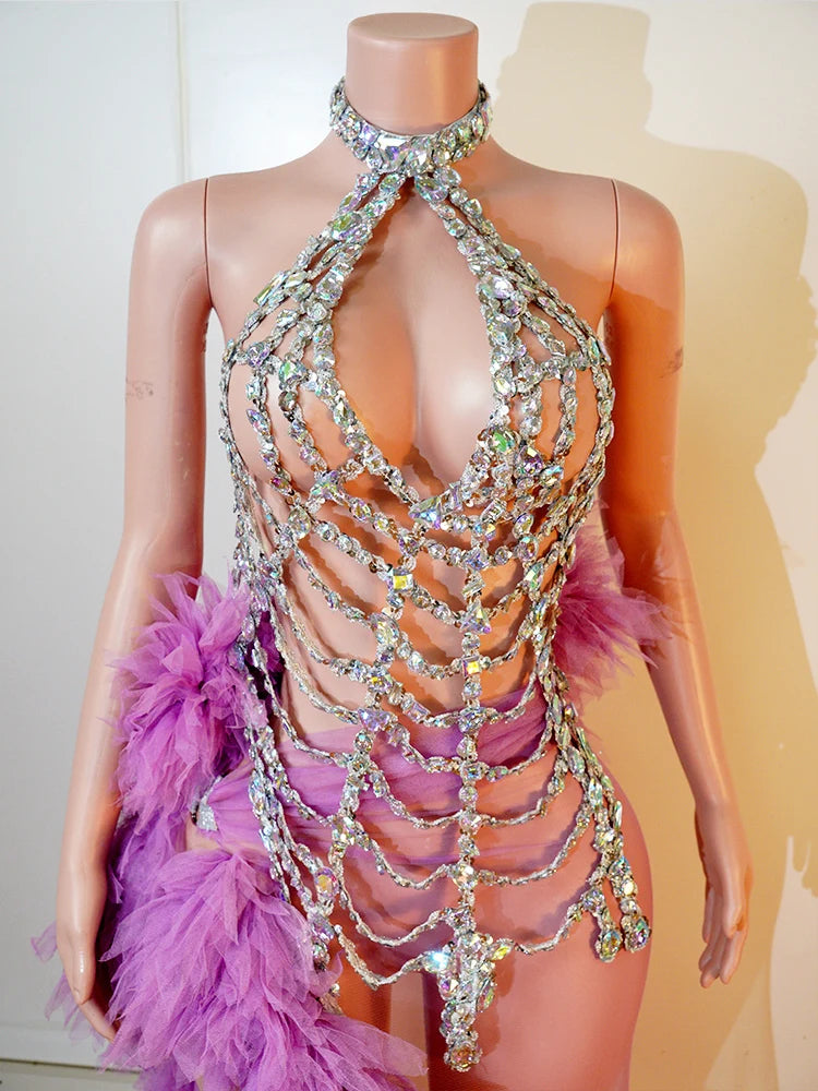 Sexy Purple Neck Hanging Spider Web 2PCS Set Gauze See-through Dress Carnival Performance Singer Dance Costume Drag Queen Stage