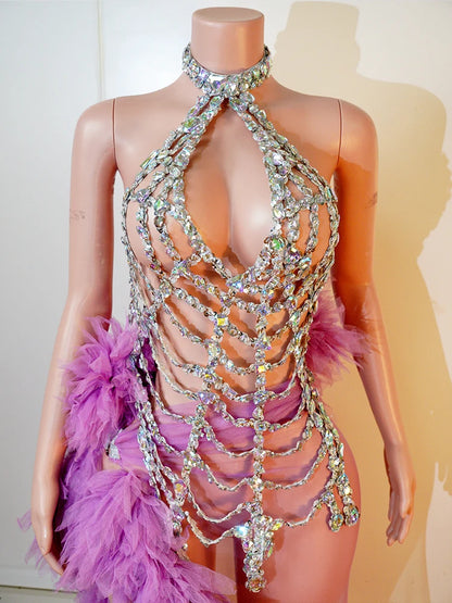 Sexy Purple Neck Hanging Spider Web 2PCS Set Gauze See-through Dress Carnival Performance Singer Dance Costume Drag Queen Stage