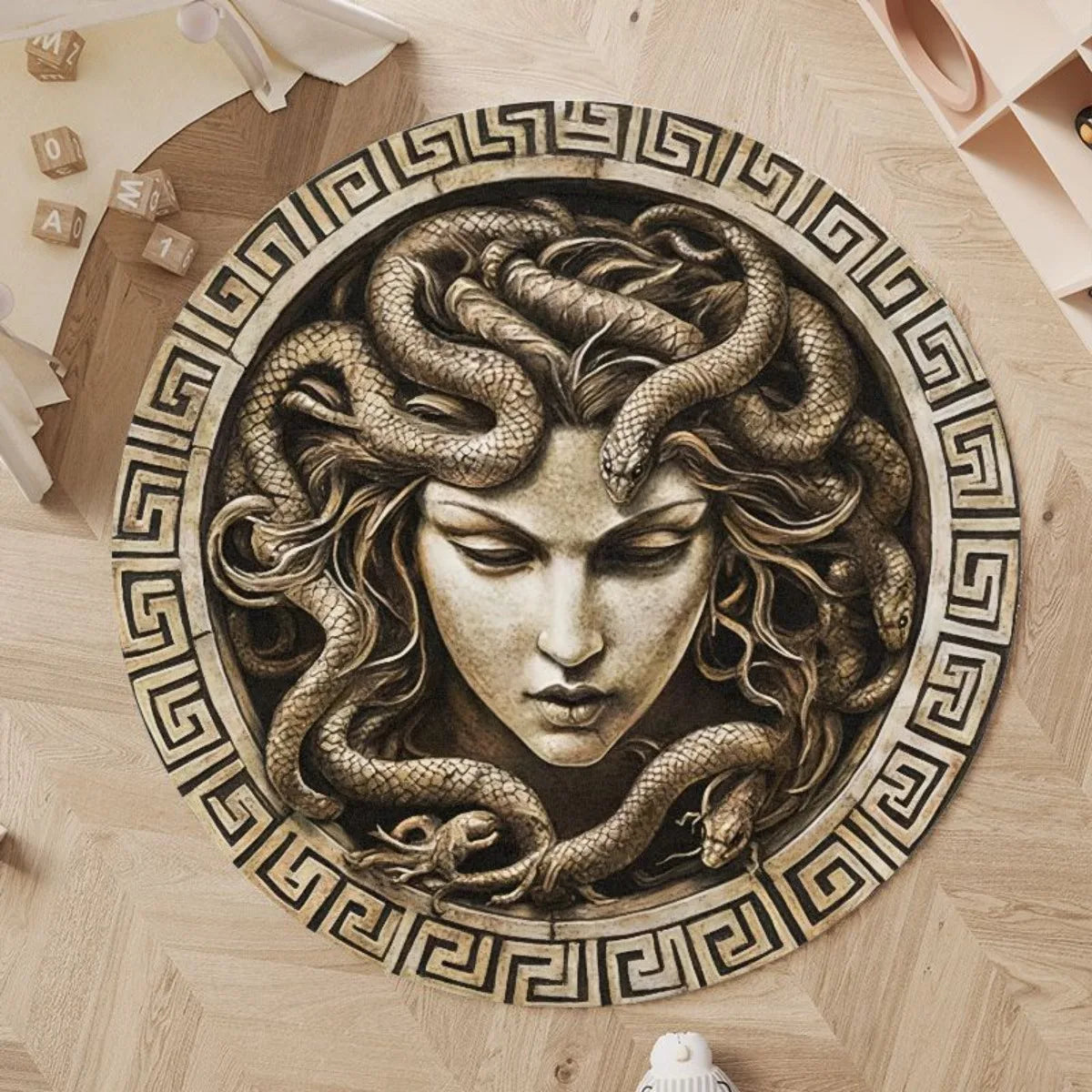 1pc Medusa Greek Myth Round Rug Flannel Ancient Art Floor Mat Bedroom Bathroom Decor Snake Hair Goddess Design Soft Carpet