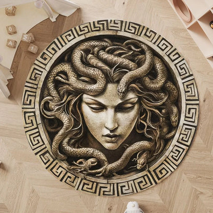 1pc Medusa Greek Myth Round Rug Flannel Ancient Art Floor Mat Bedroom Bathroom Decor Snake Hair Goddess Design Soft Carpet