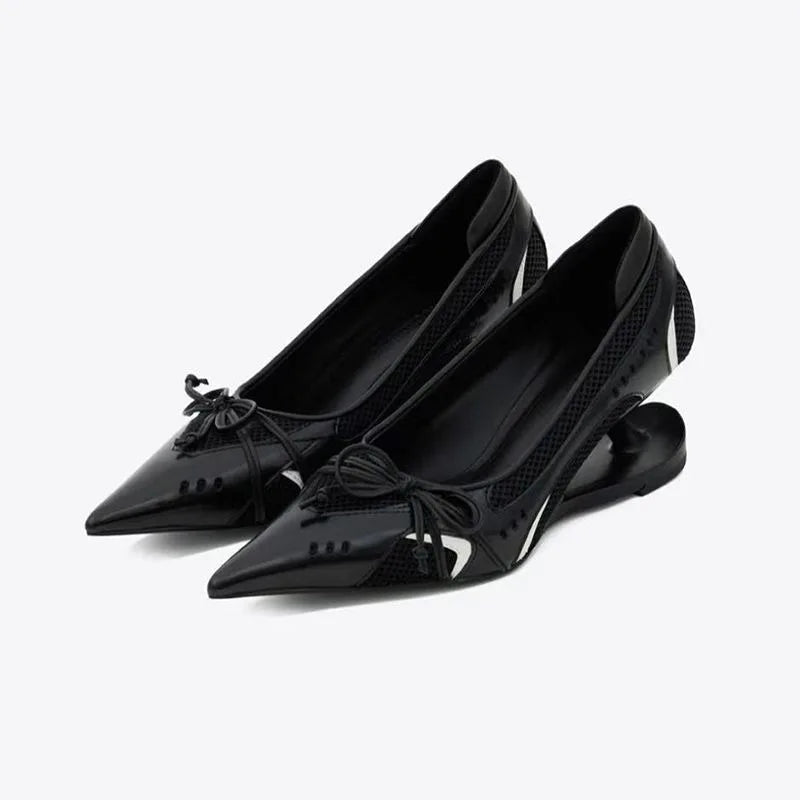Special Heel Spliced Heels Pointed Toe Heels Women's Fashion Shallow Mouth Bow Non-Slip Mary Jane Single Shoes Large 42
