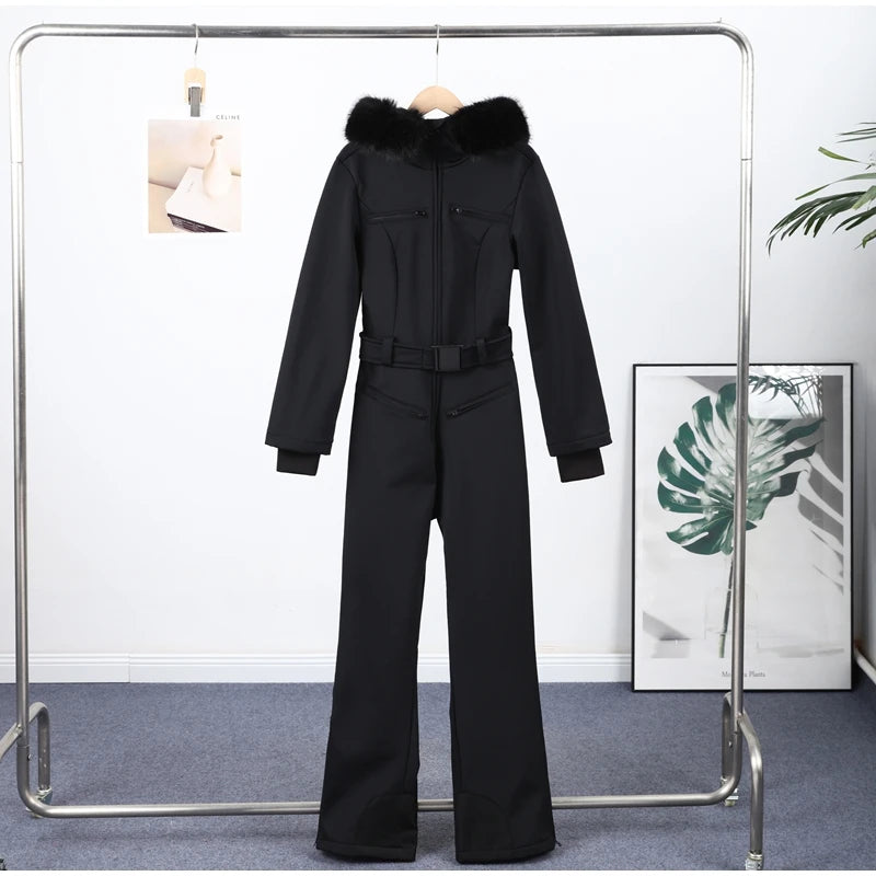 Casual Solid Ski Hoodie Jumpsuits Women Street Full Sleeve Closed Waist Slim Warm Belt Suits Female 2026 Fashion Snow Lady Suit