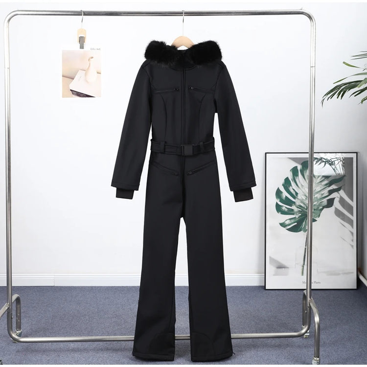 Casual Solid Ski Hoodie Jumpsuits Women Street Full Sleeve Closed Waist Slim Warm Belt Suits Female 2026 Fashion Snow Lady Suit