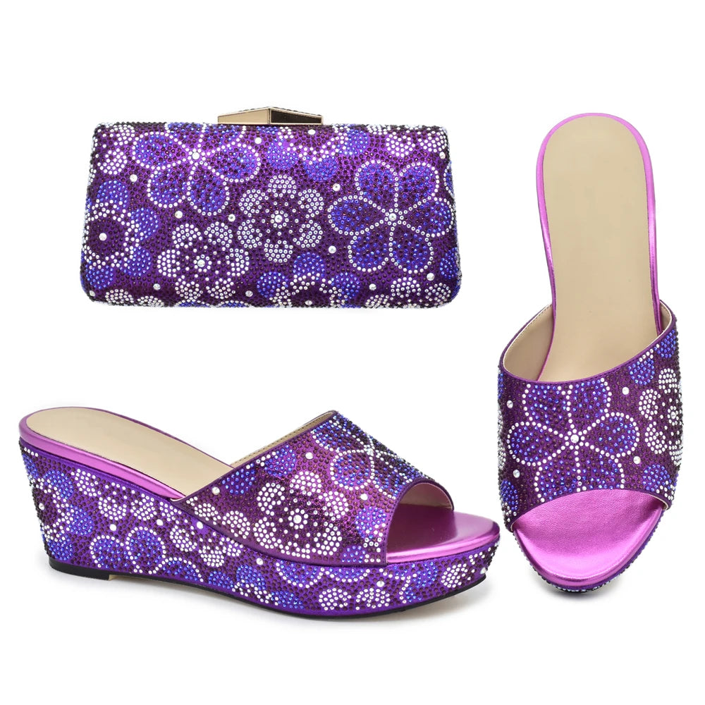 Classics Design Nigerian Women Shoes Matching Bag Set with Shinning Crystal Wedges Shoes for Women Italian Women Party Pumps