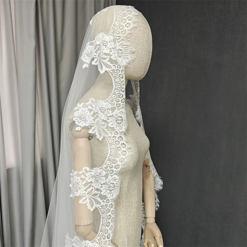 Customized Mantilla Wedding Veil with Eyelash Lace, 2.5m/3m/3.5m/4m Single Tier Long Ivory Bridal Veil with Hidden Comb