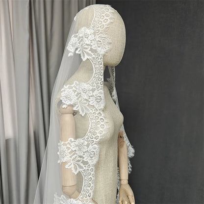 Customized Mantilla Wedding Veil with Eyelash Lace, 2.5m/3m/3.5m/4m Single Tier Long Ivory Bridal Veil with Hidden Comb