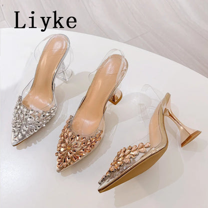 Liyke 2026 New Gold Silver Diamond Rivet Pointed Toe Slingback Sandal Women Pumps Sexy Clear High Heels Wedding Party Prom Shoes