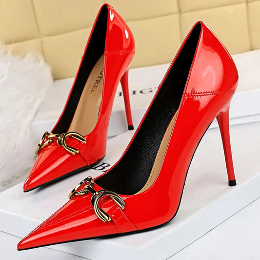 Luxury Women Pumps Metal Belt Buckle High Heels Patent Leather Women Heels Stilettos Career OL Office Shoes Plus Size 41 42 43