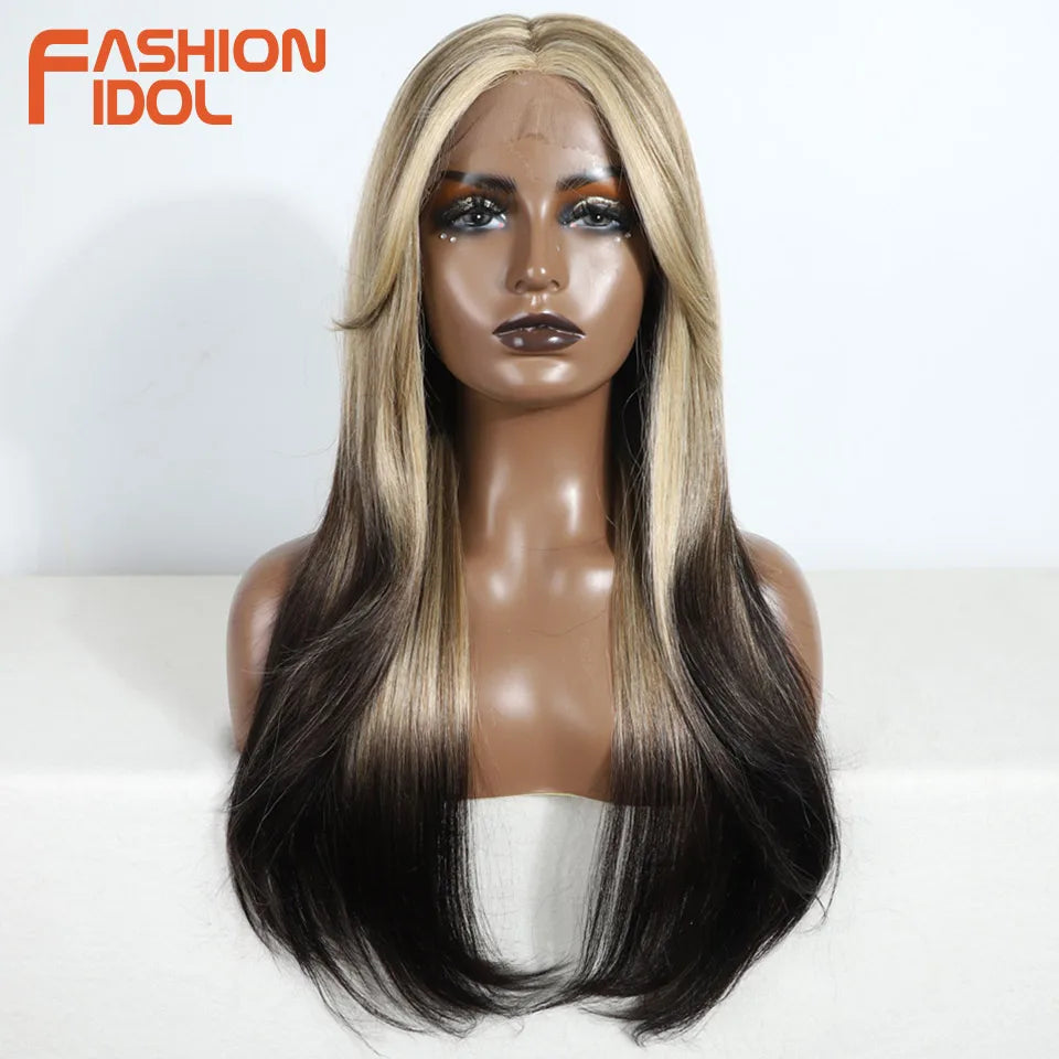 FASHION IDOL 26inch/65cm Straight Hair Lace Front Wigs Synthetic Hair Ombre Blonde Brown Hair Wigs Cosplay Heat Resistant Fiber