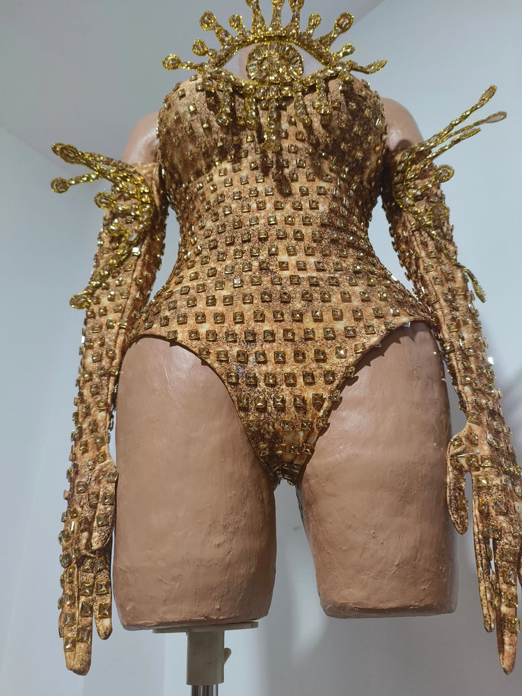 Sexy Sparkly Golden Rhinestones Eyes Stretch Bodysuit Women Eveing Birthday Party Nightclub Bar Singer Dancer DJ Stage Costume