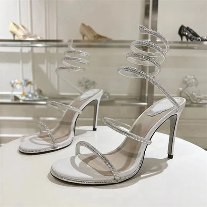 Summer Crystal Gladiator Sandals Women Rhinestone Twine Around Ankle Snake Wedding Shoes High Heels Sandals Woman