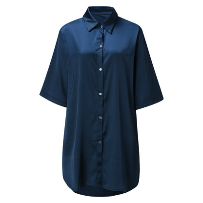Women's Solid Color Silky Soft Pajamas Sexy Long Sleeve Nightshirt Smooth & Skin-Friendly Comfortable Home Sleepwear for Ladies
