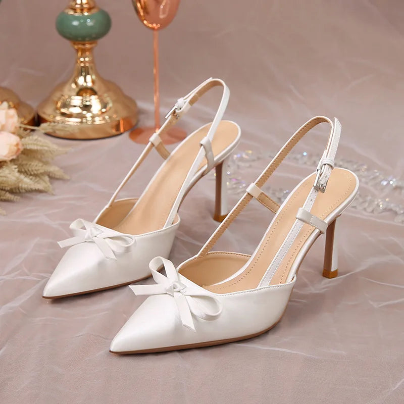 Women Pumps White Wedding Shoes Bride Luxury Satin Butterfly-knot Pointed Toe Adjustable Slingback Heels Elegant Women Heels