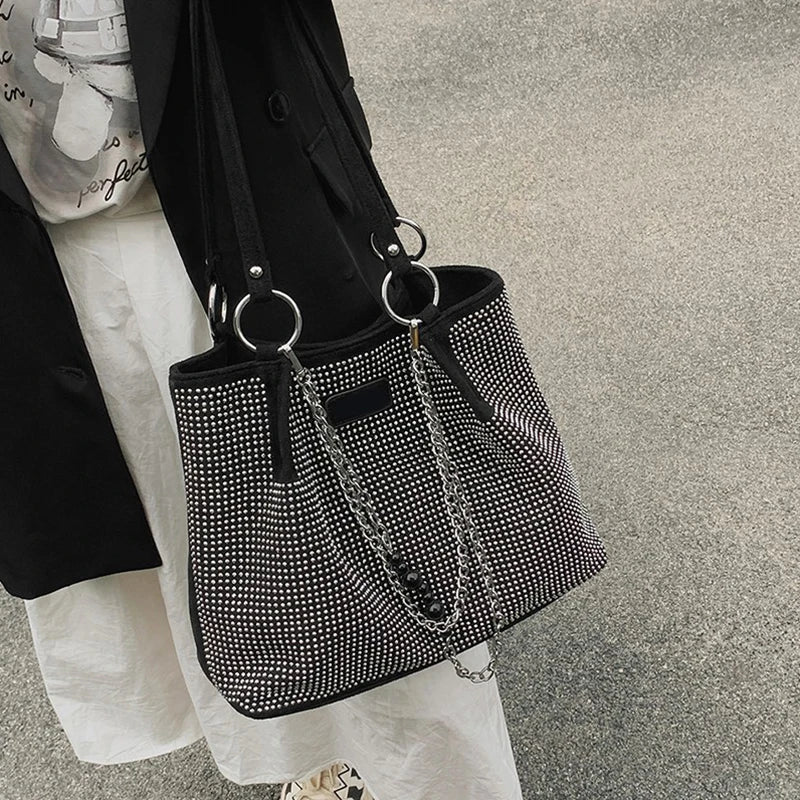Yogodlns Luxury Rhinestone Bucket Bag For Women Fashion Brands Shouldr Bag Trendy Underarm Bag Shopping Handbag Purse Bolsa