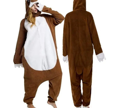 Adult Animal Brown Sloth Kigurumi Onesies Pajamas Cartoon Soft Fleece Gift Halloween Cosplay Costumes Button Jumpsuits