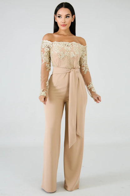 Womens Elegant Off Shoulder Long Pants Wide Leg Jumpsuits Floral Embroidery Lace See Through Cocktail Club Party Evening Rompers