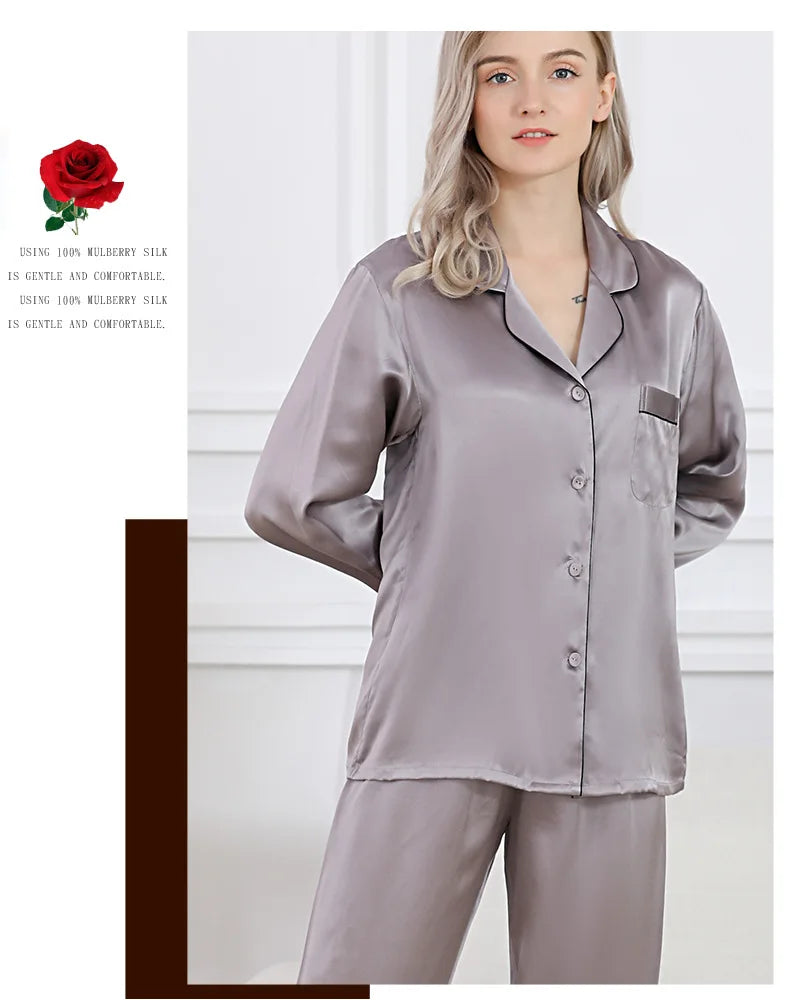 100% Mulberry Silk Pajamas Set for Women Long Sleeve Sleepwear Spring Summer Breathable Lounge Robe Comfortable Cool Silk