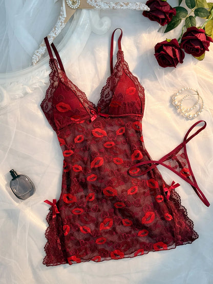 Hot Sexy Women Lace Nightgown Set See Through Pajamas Dress Sexy Deep V Home Valentine's Day Gift Sleeping Skirt Dress