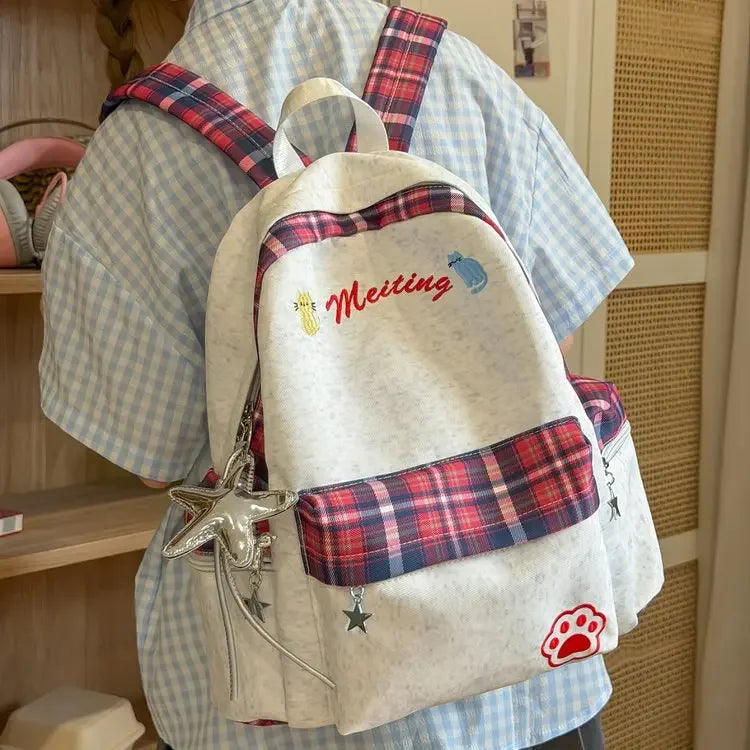 Preppy Style Blue Backpack for Girls, Plaid Spliced School Bag, Cute Nylon Daypack Star Pendant, Large Capacity Student Rucksack