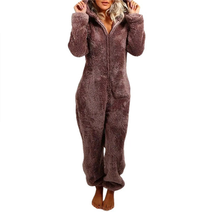 Women's Fleece Oneseies Zip Up Hooded Pajamas Rompers Cozy Sleepwear Pyjamas Autumn Winter Warm Loungewear Jumpsuit