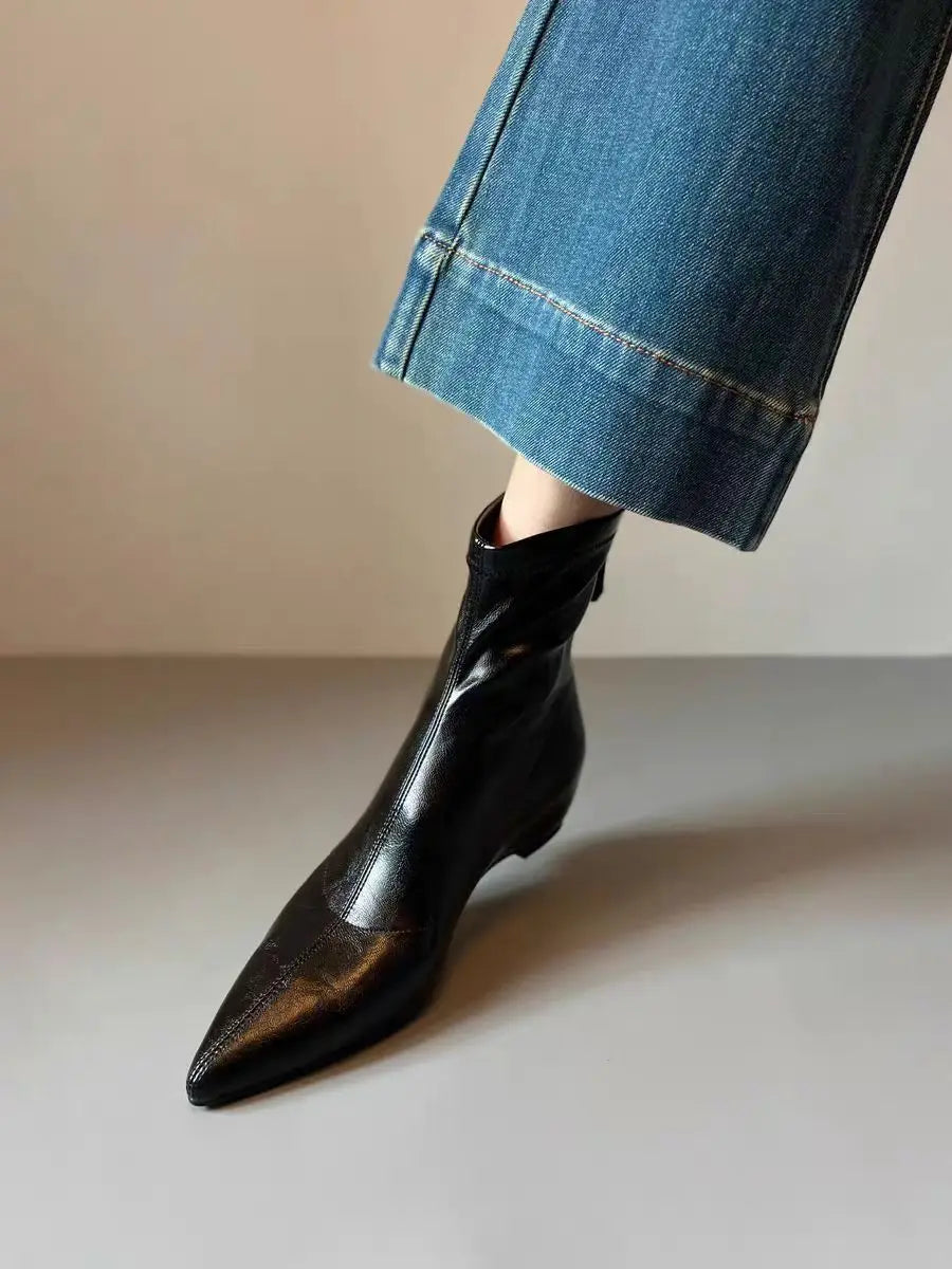 Flats Women's Ankle Boots Luxury Pointed Toe Leather Shoes Winter Sexy Short Boots 2025 Elegant Dress Chelsea Boots Mujer Shoes