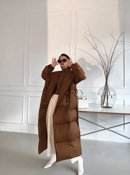 High end Ultra long White goose down Jacket For women Winter 2025 New Fashion Down Coat Female Thicken Parka Overcoat with belt
