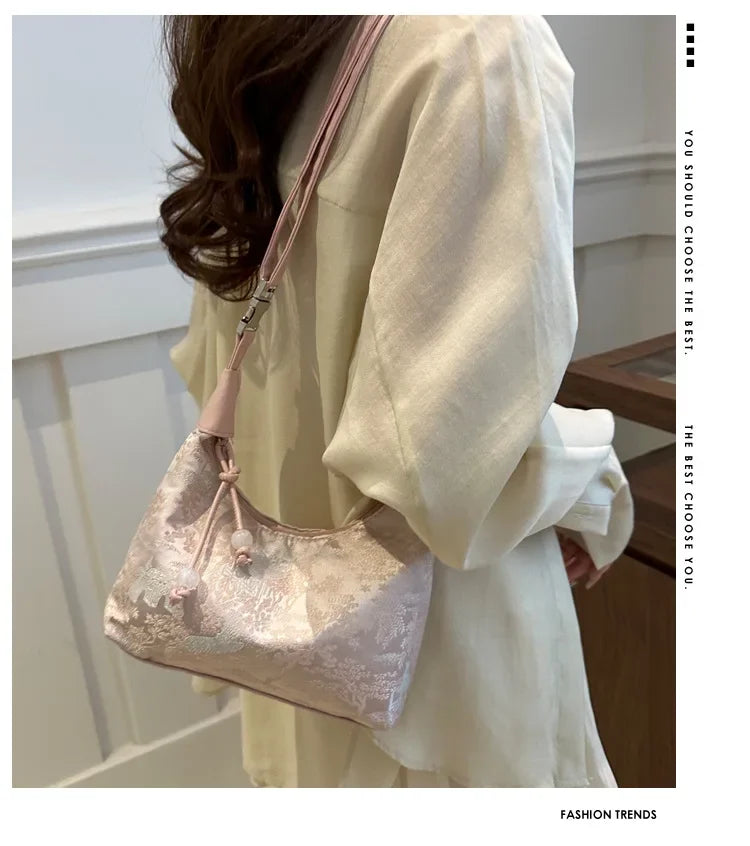 Fashion Luxury Women Embroidery Shoulder Bag Nylon Pearl Pendant Bucket Bag Versatile Handbag Retro Women Crossbody Bags сумка