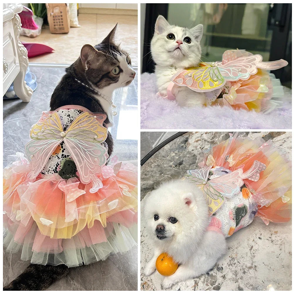 Cat Dog Princess Dress Clothes Rabbit Bunny Kitten Butterfly Costume Schnauzer Chihuahua Puppy Summer Sweet Mesh Dress