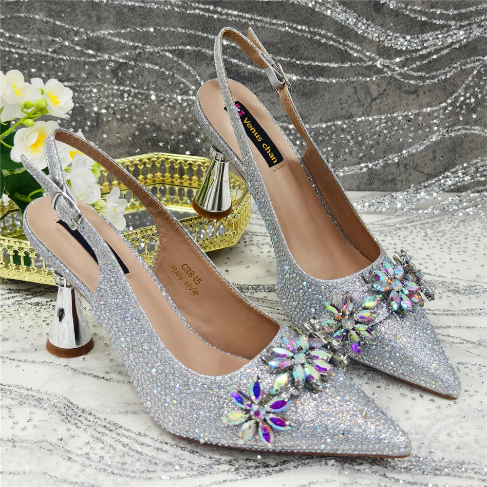New Fashion Pointed Toe Shoes Heels Elegant Italian Woman Wedding for Party Shoes Women Party Pumps Decorated with Rhinestone