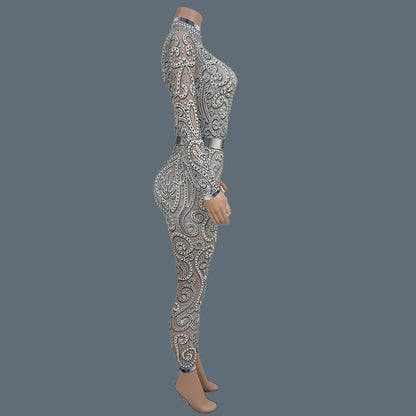 Women Sparkly Rhinestone Pearls Spandex Jumpsuit Nightclub Party Stage Performance Bodycon Wear Sexy Printing Jumpsuit Quanquan