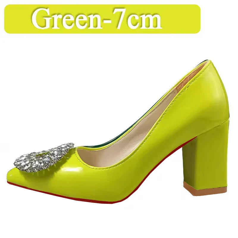Aphixta Bing Big Crystals Round Buckle 7cm Chunky Heels Pumps Women Shoes Dark Green Fashion and Leisure Pointed Toe Pumps