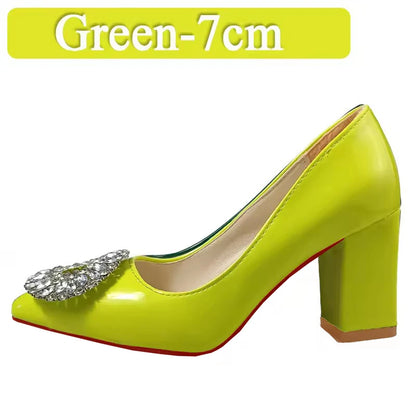 Aphixta Bing Big Crystals Round Buckle 7cm Chunky Heels Pumps Women Shoes Dark Green Fashion and Leisure Pointed Toe Pumps