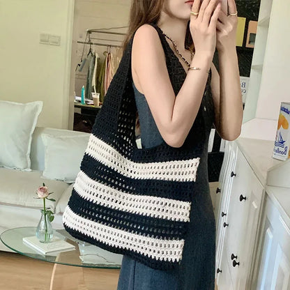 Wool Plush Woven Women Shoulder Bags Ladies Stripe Designer Knitted Braid Handbags Tote Summer Beach Shopper Purses