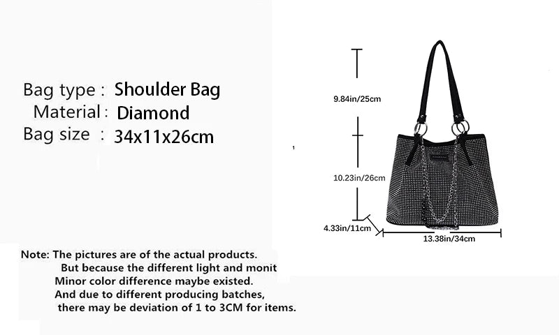 Yogodlns Luxury Rhinestone Bucket Bag For Women Fashion Brands Shouldr Bag Trendy Underarm Bag Shopping Handbag Purse Bolsa