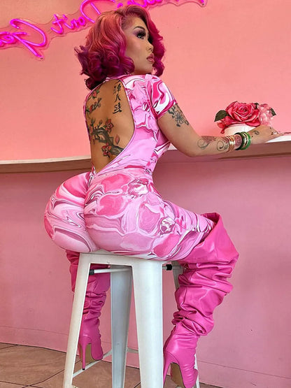 kliou Sexy Printed Women Jumpsuits Fashion New Back Hollow Full Sleeve Stand Collar Slim Overalls Female Midnight Party Clubwear
