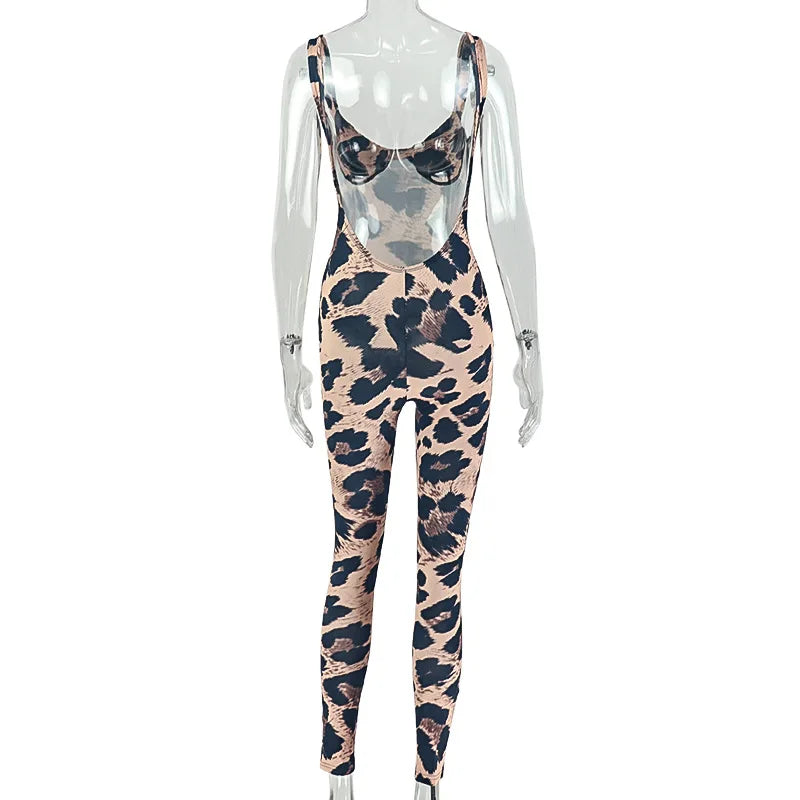 FAGADOER 2026 Sexy Leopard Print Bodycon Jumpsuits Women Fashion Spaghetti Strap Backless Rompers Streetwear Club Playsuits New