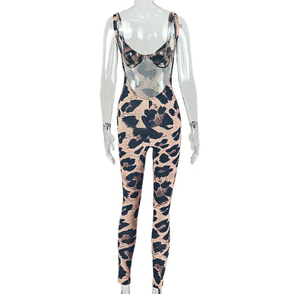 FAGADOER 2026 Sexy Leopard Print Bodycon Jumpsuits Women Fashion Spaghetti Strap Backless Rompers Streetwear Club Playsuits New