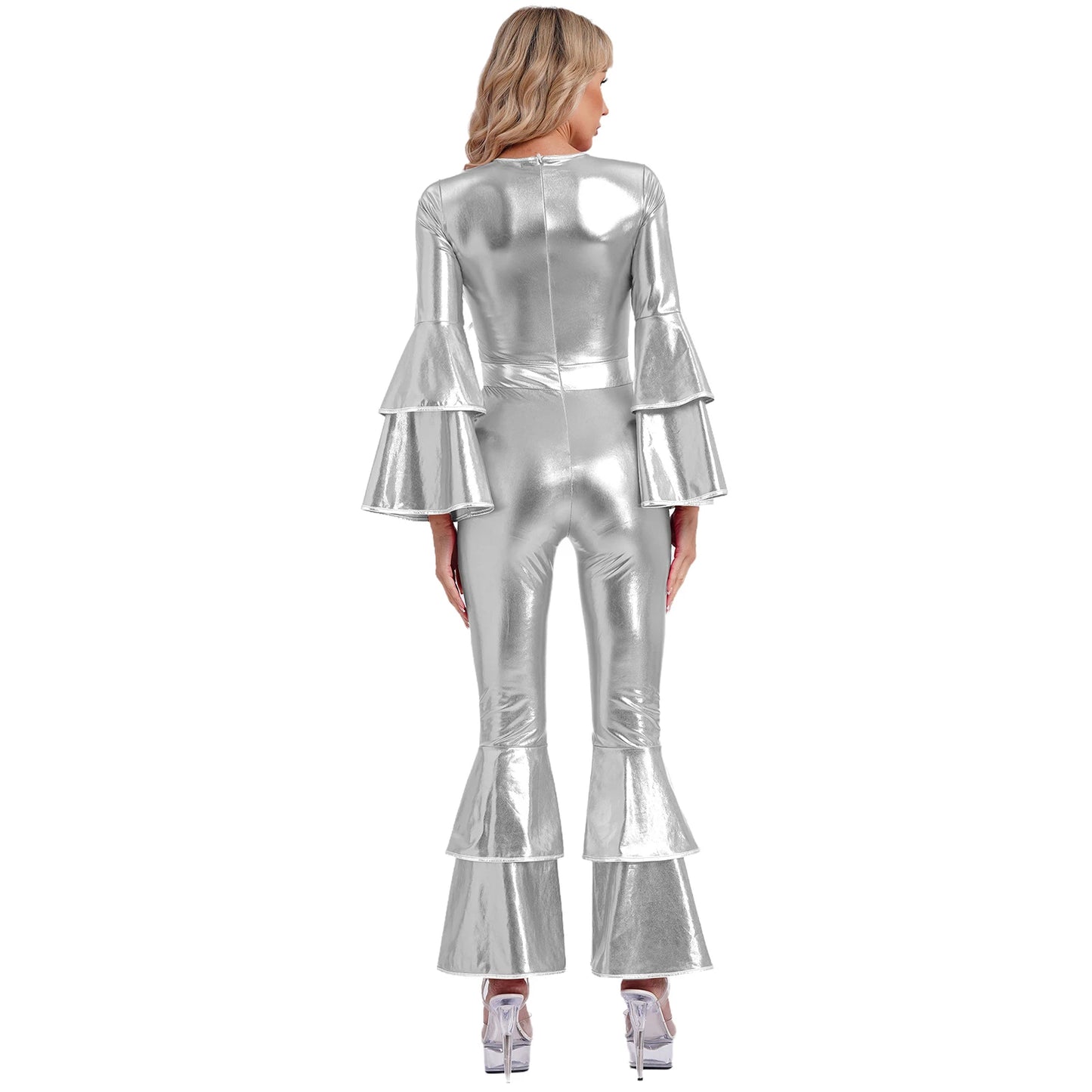 Womens 70S Disco Vintage Jumpsuit Metallic Shiny Flare Sleeve Bodysuit Hippie Bell Bottom Jazz Dance Carnival Rave Party Costume