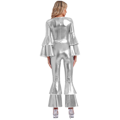 Womens 70S Disco Vintage Jumpsuit Metallic Shiny Flare Sleeve Bodysuit Hippie Bell Bottom Jazz Dance Carnival Rave Party Costume