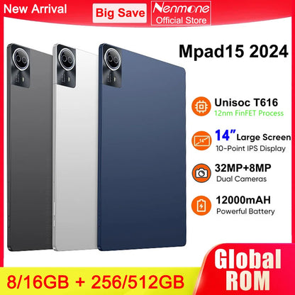 2026 Mpad15 Android 15 Tablet 14 inch Unisoc T616 Tablet PC 16GB 512GB 12000mAh Phone Call BT5.0 5G WiFi Google Play Laptop Pads