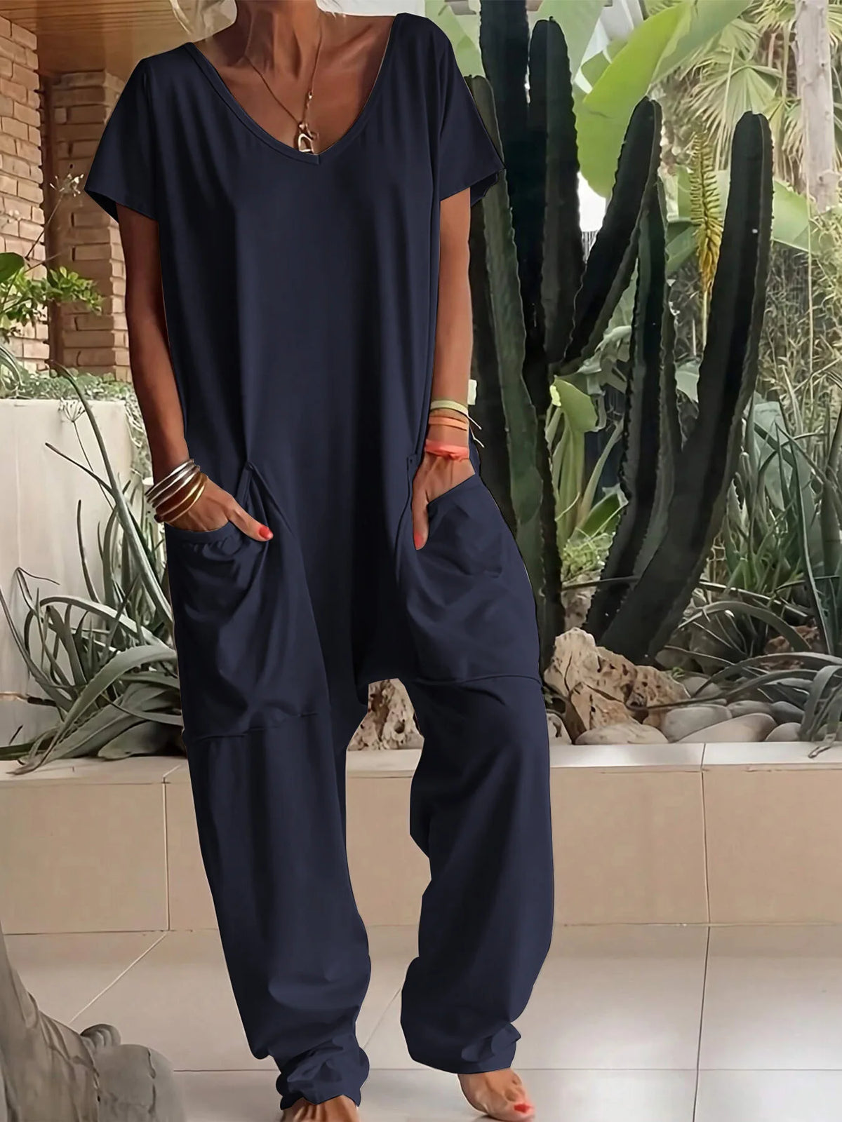 Women Summer Solid V Neck Jumpsuit European Hot Oversized Pockets Low Crotch Loose Rompers Ladies Casual Daily Outfit