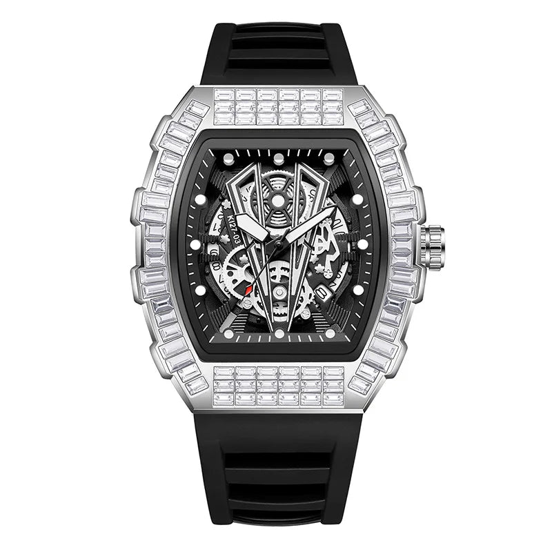 Classic Tonneau Full Diamond Case Quartz Watch Mens Fashion Top Casual Dial Rubber Personalize Watches  AAA Male Clock Relogio