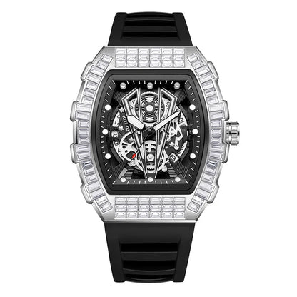 Classic Tonneau Full Diamond Case Quartz Watch Mens Fashion Top Casual Dial Rubber Personalize Watches  AAA Male Clock Relogio