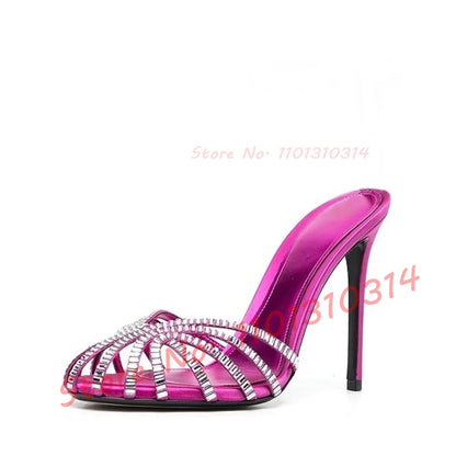 Gemstone High Heel Silk Slippers Women Luxury Caged Stiletto Heels Metallic Slippers Ladies Stylish Cross Strap Summer Shoes