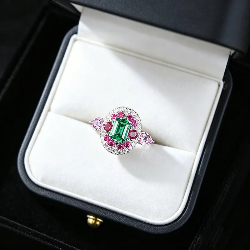 Luxury white gold solid platinum PT950 retro contrasting real emerald 5*7mm ring luxury banquet jewelry